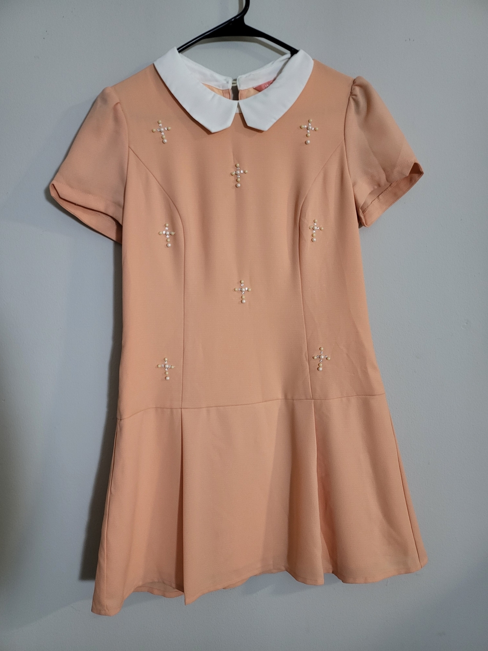 Peach Pearl-Accent Dress with White Peter Pan Collar